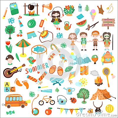 Kids camping cartoon vector illustration. Set of Kids camp elements and icons, cartooning illustrations about childhood Vector Illustration