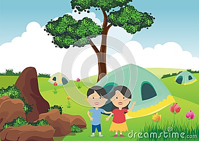 Kids Camping Cartoon Illustration