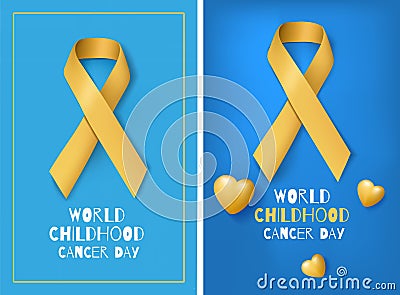 Kids cancer month. Yellow ribbon. Illness awareness posters. Children health treatment. Life hope and charity symbols Vector Illustration