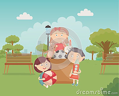 Kids with cardboard box full toys in the park Vector Illustration