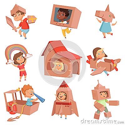 Kids cardboard costumes. Children playing in active games with paper box making house car and airplane vector characters Vector Illustration