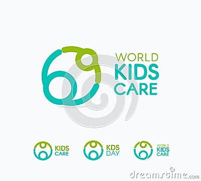 Kids care logo, circular concept protection child icon, mother and baby abstract logotype, world children protection day Vector Illustration