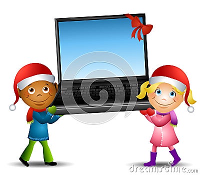 Kids Carrying Laptop Gift Cartoon Illustration