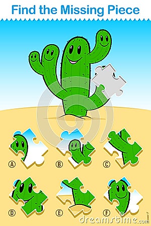 Kids cartoon cactus Find the Missing Piece Puzzle Vector Illustration