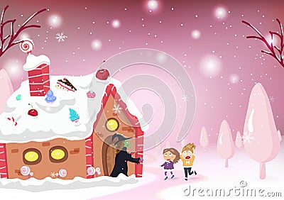 Kids Cartoon and fantasy story, Candy house, witch, Hansel and g Vector Illustration