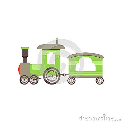 Kids cartoon green toy train, railroad toy with locomotive vector Illustration on a white background Vector Illustration