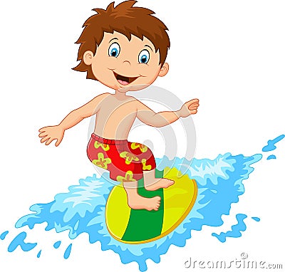 Kids cartoon play surfing on surfboard over big wave Vector Illustration