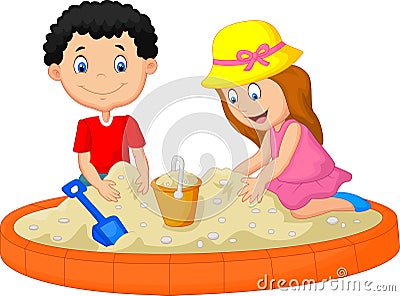 Kids cartoon playing on the beach building a sand castle decoration Vector Illustration