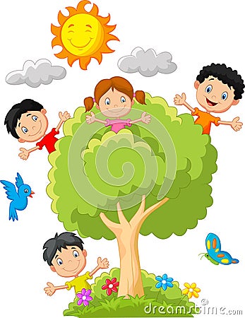 Kids cartoon playing on tree Vector Illustration