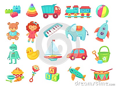 Kids cartoon toys. Baby doll, train on railway, ball, cars, boat, boys and girls fun isolated plastic toy vector Vector Illustration