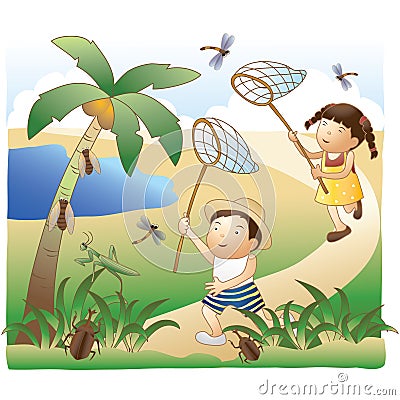 kids catching dragonfly with net. Vector illustration decorative design Vector Illustration