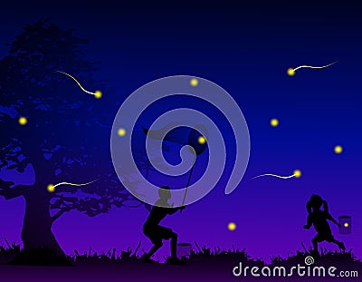Kids Catching Fireflies In Field Cartoon Illustration