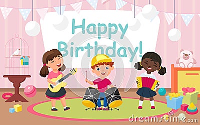 Kids celebrate birthday party, friends play fun music Vector Illustration