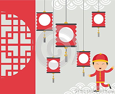 Kids celebrating Chinese New Year background under lantern Vector Illustration