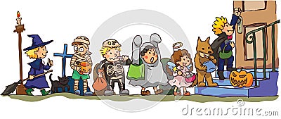 Kids celerbrating Halloween. Its trick or treat! Vector Illustration