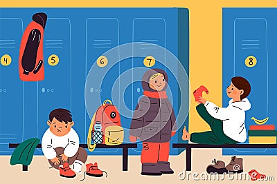 Kids changing clothes. Children in locker room. Elementary school students preparing for physical education. Boys Vector Illustration