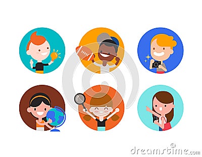 kids character with various objects in flat design style isolated. Diversity children portrait with their hobbies. Vector cartoon Vector Illustration