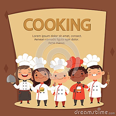 Kids characters prepare food. Cooking kids chefs banner vector template Vector Illustration