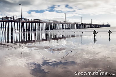 Kids chasing seabirds on a beach. Stock Photo