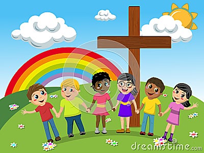 Kids or children hand in hand near christian cross meadow Vector Illustration