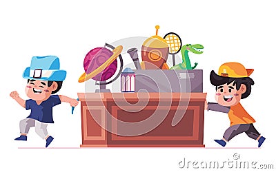 Kids children happy for science toys pull push education element school student creative bring box full of toys rocket Vector Illustration