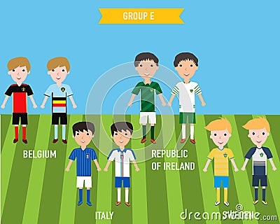 Kids children in home and away jersey uniform in France EURO 2016 championship infographic soccer GROUP E. Illustration. EPS 10. Vector Illustration