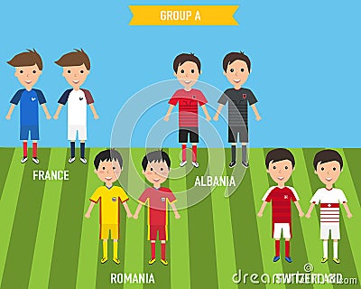 Kids children in home and away jersey uniform in France EURO 2016 championship infographic soccer GROUP A. Illustration. EPS 10. Vector Illustration