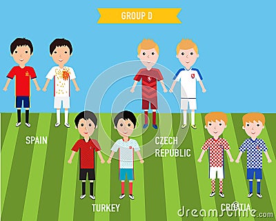 Kids children in home and away jersey uniform in France EURO 2016 championship infographic soccer GROUP A. Illustration. EPS 10. Vector Illustration