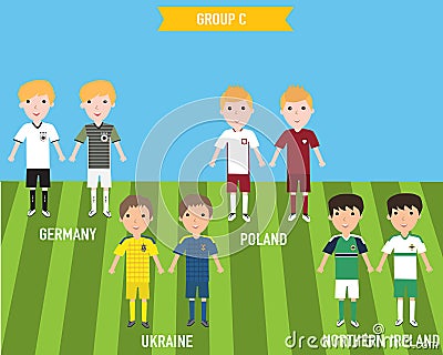 Kids children in home and away jersey uniform in France EURO 2016 championship infographic soccer GROUP A. Illustration. EPS 10. Vector Illustration