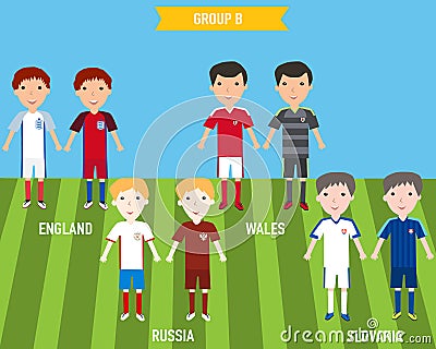 Kids children in home and away jersey uniform in France EURO 2016 championship infographic soccer GROUP A. Illustration. EPS 10. Vector Illustration