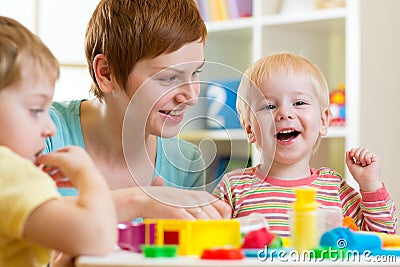 Kids or children and mother play colorful clay toy Stock Photo