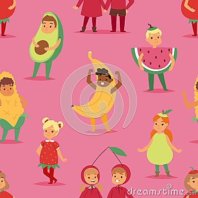 Kids children party fruits costume vector cartoon mask and dress festive boys and girls fancy childhood kid Christmas Vector Illustration