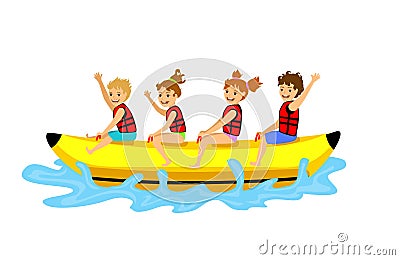 Kids children riding banana boat. Vector Illustration