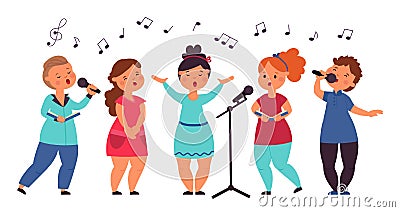 Kids choir. Cute singing kid, vocal art girl singer. Cartoon musical children concert, song show. Isolated music band Vector Illustration