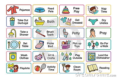 Kids daily routine chores collection. Responsibilities list for the chore chart Vector Illustration