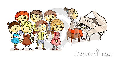 Kids chorus performance under piano accompaniment Vector Illustration