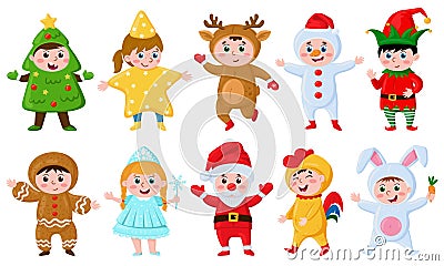 Kids in Christmas costumes. Cartoon children wearing funny carnival costumes, little santa, reindeer and elf vector Vector Illustration