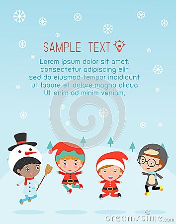 Kids With Christmas Costumes, kids in Christmas costume characters celebrate, Cute little christmas Children Vector Illustration