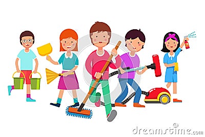 Kids cleaning team doing household chores Vector Illustration