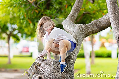 Kids climb tree in summer park. Child climbing Stock Photo