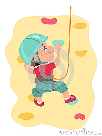 Kids climbing. Children sport activity. Teenagers clambering artificial rocks. Boy cling to ledges. Extreme hobby. Walls Vector Illustration