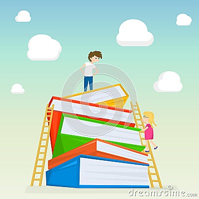 Kids climbing on stairs to the large stack of books. Illustration of kids education. Vector illustration. Vector Illustration