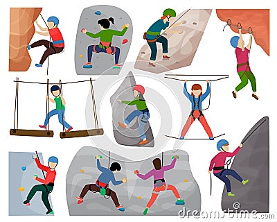 Kids climbing vector climber children character climbs rock mountain wall or mountainous cliff illustration Vector Illustration