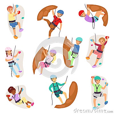 Kids climbing vector climber children girl boy character climbs rock mountain wall mountainous cliff illustration Vector Illustration