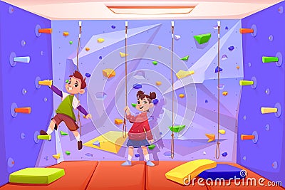 Kids climbing wall, playing in recreation area Vector Illustration