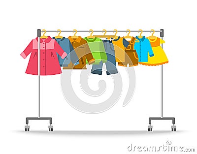 Kids clothes hanging on hanger rack Vector Illustration