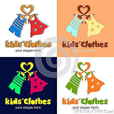Kids clothes. Logotype with heart, clothes hanger, dress for girl, t-shirt and shorts for boy. Cartoon Illustration