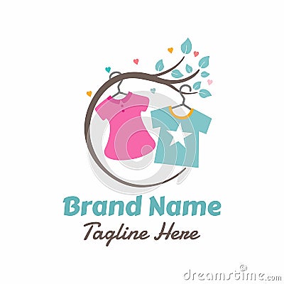 Kids clothing store logo with clothes hanging on a branch Vector Illustration