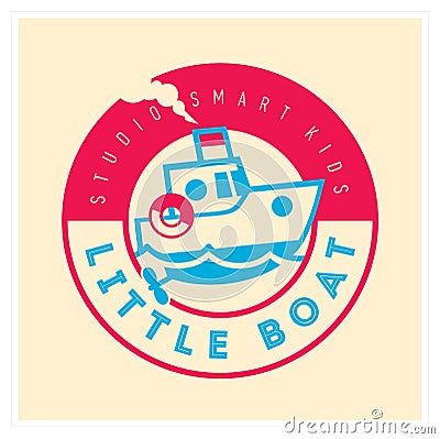 Kids club logo with little boat. Cute kindergarten sign. Vector Illustration