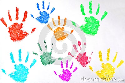 Kids colored hand print on white background Stock Photo